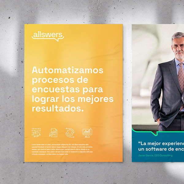 Diferentes propuestas de cartelería con los elementos de la identidad creados para Allswers