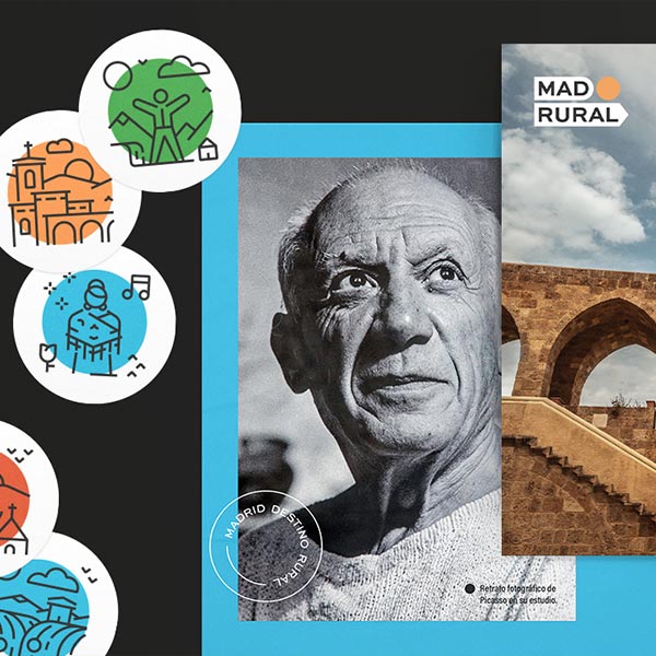 Montaje utilizando diferentes elementos de la identidad creada para Madrural