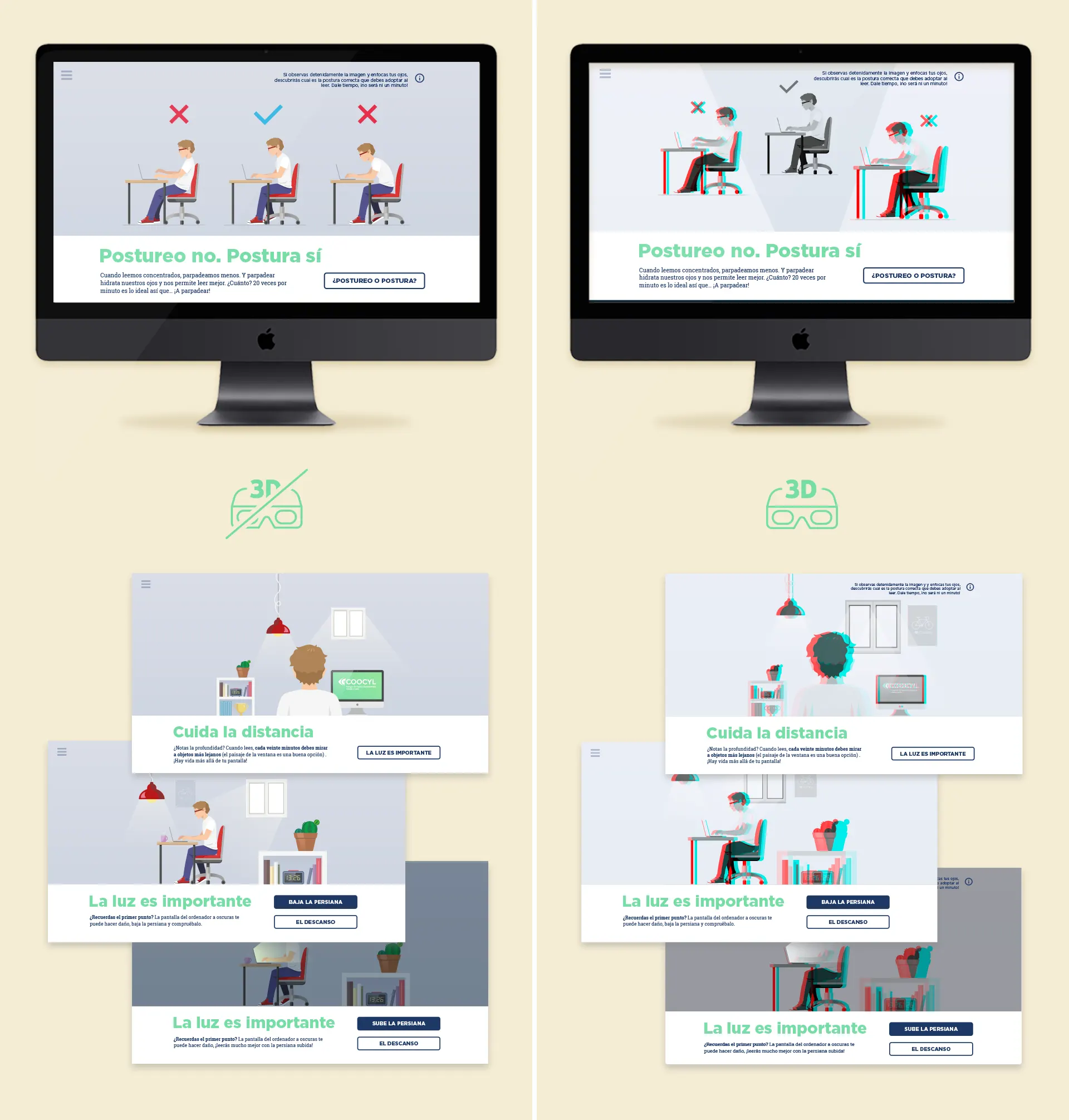 Diseño de la web, en versión normal y en versión 3D