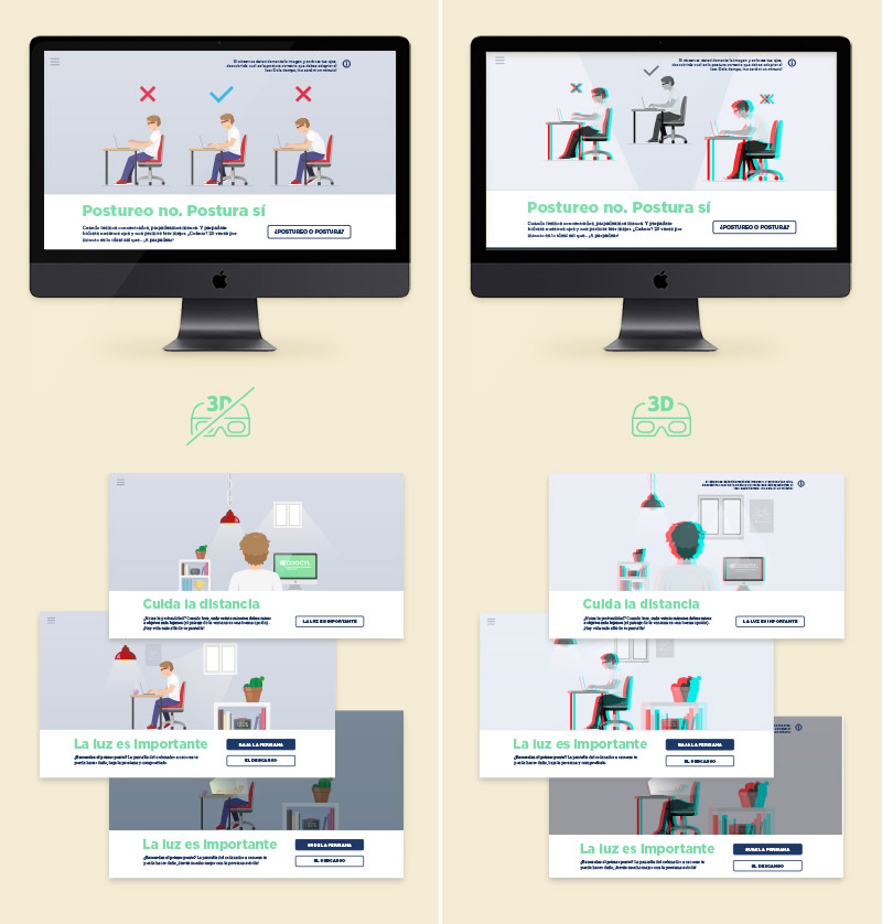 Diseño de la web, en versión normal y en versión 3D